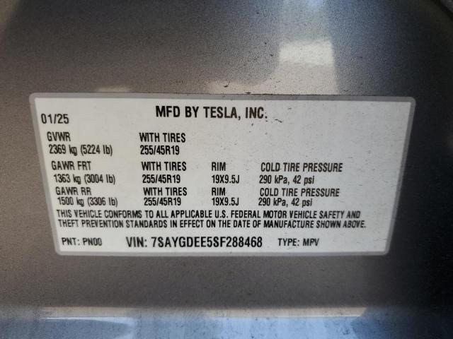 7SAYGDEE5SF288468 - 2025 TESLA MODEL Y GRAY photo 13