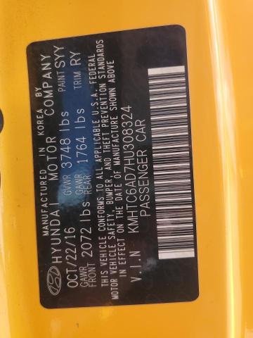 KMHTC6AD7HU308324 - 2017 HYUNDAI VELOSTER YELLOW photo 12