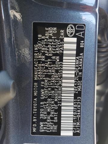 2T1BURHE3KC155233 - 2019 TOYOTA COROLLA L GRAY photo 12