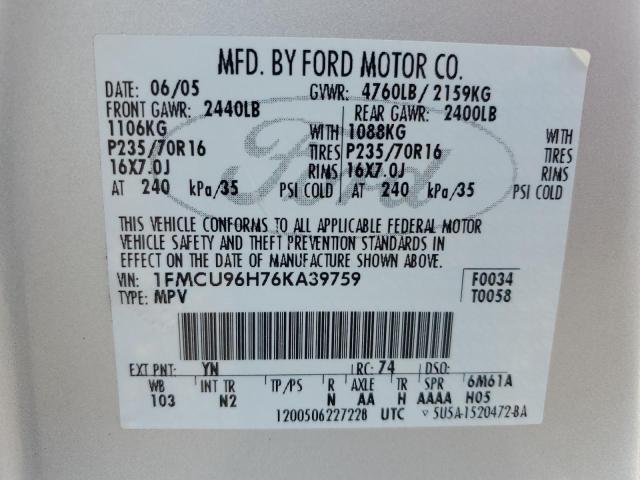 1FMCU96H76KA39759 - 2006 FORD ESCAPE HEV Gümüş foto 12