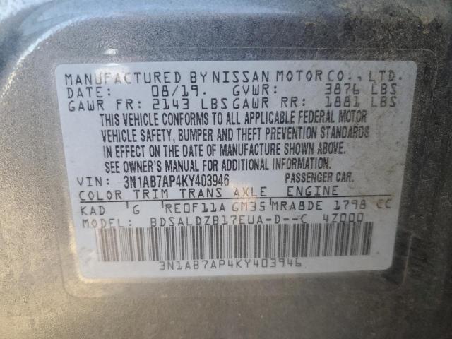 3N1AB7AP4KY403946 - 2019 NISSAN SENTRA S GRAY photo 12
