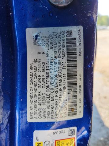 2HGFE1F7XNH328214 - 2022 HONDA CIVIC EX BLUE photo 13