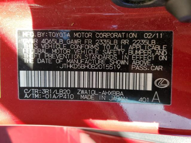 JTHKD5BH0B2015519 - 2011 LEXUS CT 200 RED photo 12