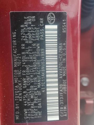 4T1C11AK8NU634989 - 2022 TOYOTA CAMRY LE RED photo 12
