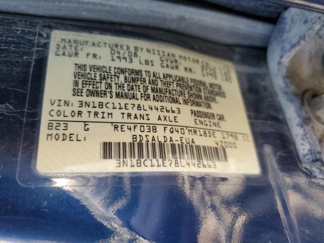 3N1BC11E78L442663 - 2008 NISSAN VERSA S BLUE photo 12