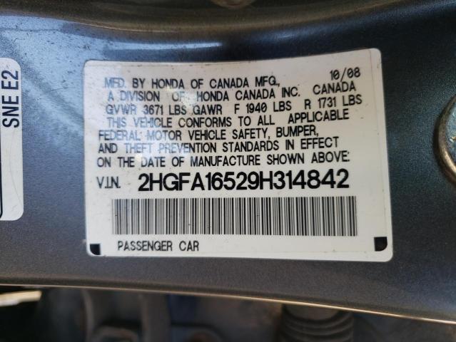 2HGFA16529H314842 - 2009 HONDA CIVIC LX GRAY photo 12