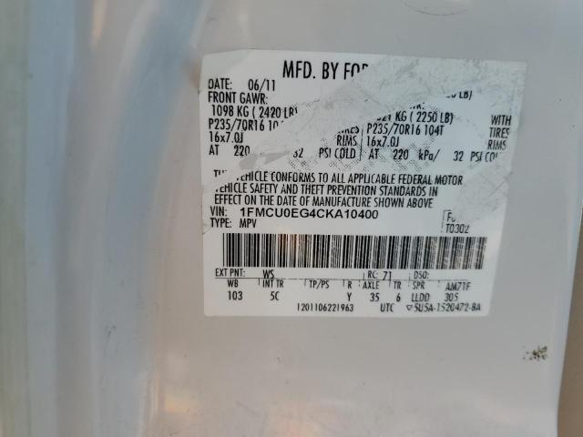 1FMCU0EG4CKA10400 - 2012 FORD ESCAPE LIMITED 白色 照片 12