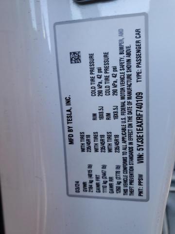 5YJ3E1EAXRF740109 - 2024 TESLA MODEL 3 WHITE photo 12