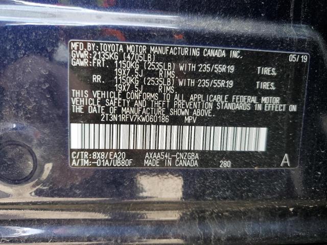 2T3N1RFV7KW060186 - 2019 TOYOTA RAV4 LIMITED BLUE photo 14