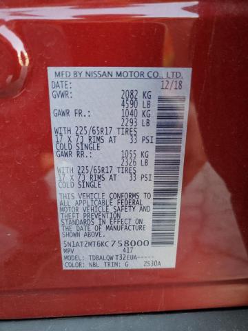 5N1AT2MT6KC758000 - 2019 NISSAN ROGUE S RED photo 13