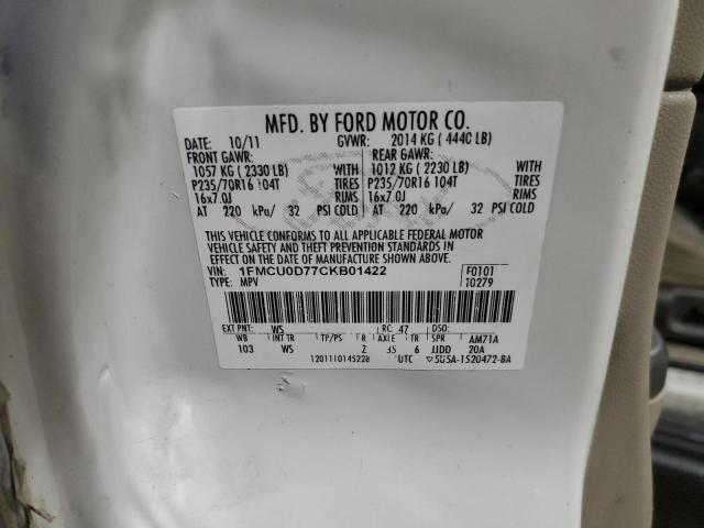 1FMCU0D77CKB01422 - 2012 FORD ESCAPE XLT WHITE photo 13