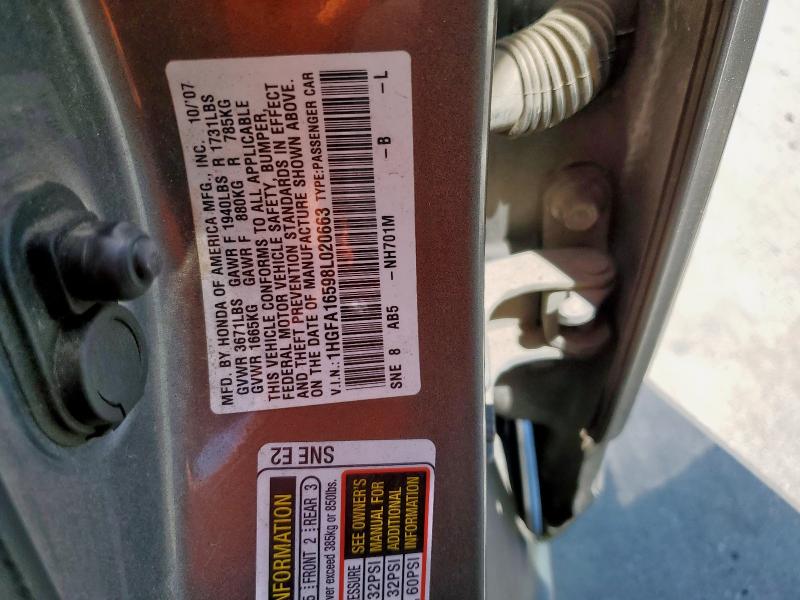 1HGFA16598L020663 - 2008 HONDA CIVIC LX GRAY photo 12