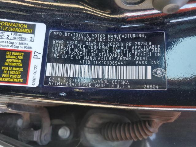 4T1BF1FK1CU069441 - 2012 TOYOTA CAMRY BASE BLACK photo 12