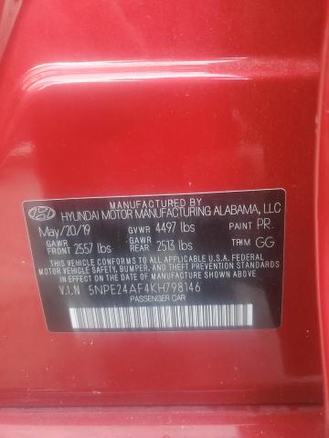 5NPE24AF4KH798146 - 2019 HYUNDAI SONATA SE 红色 照片 12
