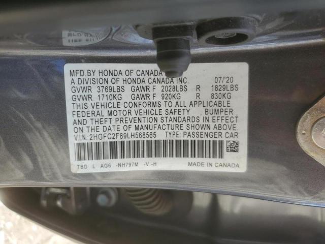 2HGFC2F89LH568565 - 2020 HONDA CIVIC SPORT GRAY photo 12
