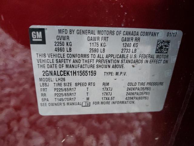 2GNALCEK1H1565159 - 2017 CHEVROLET EQUINOX LT BURGUNDY photo 13