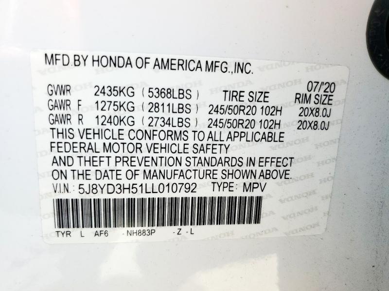 5J8YD3H51LL010792 - 2020 ACURA MDX TECHNOLOGY 白色 照片 13