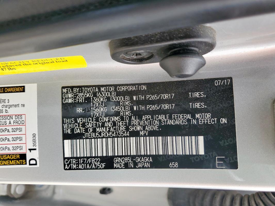 JTEBU5JR0H5473544 - 2017 TOYOTA 4RUNNER SR5/SR5 PREMIUM Gümüş foto 14