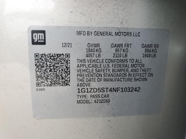 1G1ZD5ST4NF103242 - 2022 CHEVROLET MALIBU LT 银色 照片 12