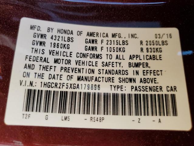 1HGCR2F5XGA179896 - 2016 HONDA ACCORD SPORT 勃艮第红 照片 13