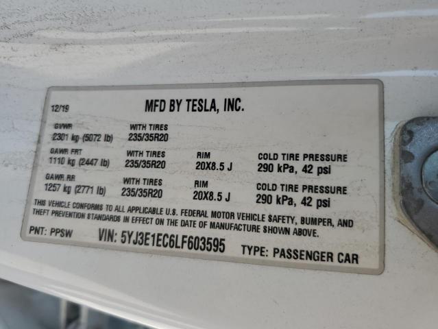 5YJ3E1EC6LF603595 - 2020 TESLA MODEL 3 Ağ foto 12