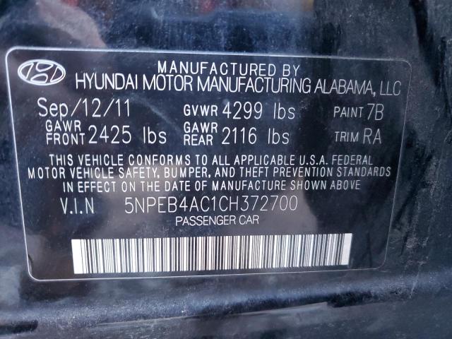 5NPEB4AC1CH372700 - 2012 HYUNDAI SONATA GLS BLACK photo 12