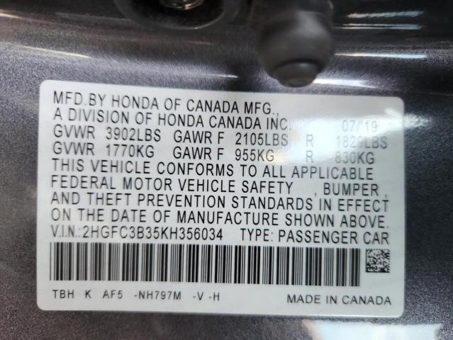 2HGFC3B35KH356034 - 2019 HONDA CIVIC EX Gris foto 12