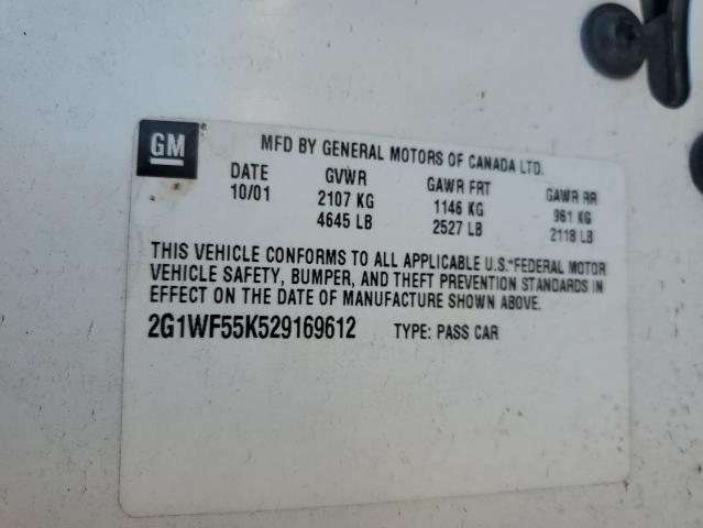 2G1WF55K529169612 - 2002 CHEVROLET IMPALA WHITE photo 12