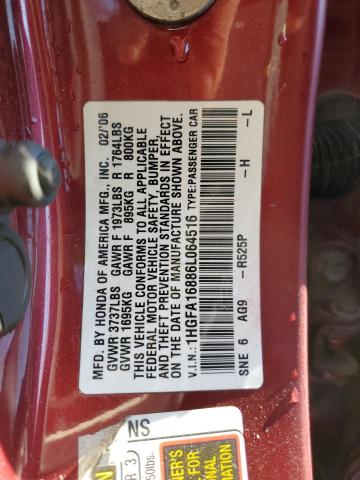 1HGFA16886L064516 - 2006 HONDA CIVIC EX RED photo 12