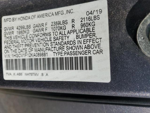 1HGCV1F12KA089881 - 2019 HONDA ACCORD LX GRAY photo 12