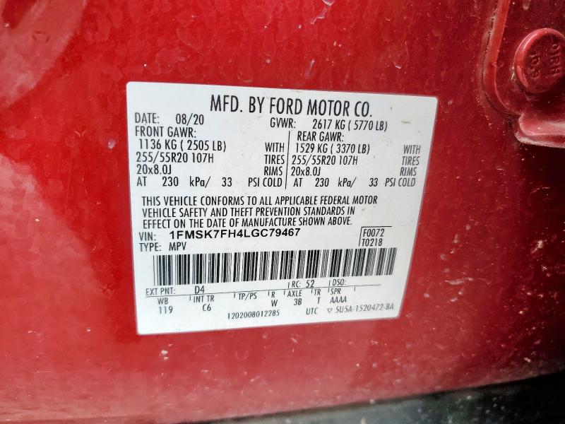 1FMSK7FH4LGC79467 - 2020 FORD EXPLORER LIMITED წითელი ფოტო 13