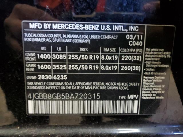 4JGBB8GB5BA720315 - 2011 MERCEDES-BENZ ML 350 4MATIC BLACK photo 12