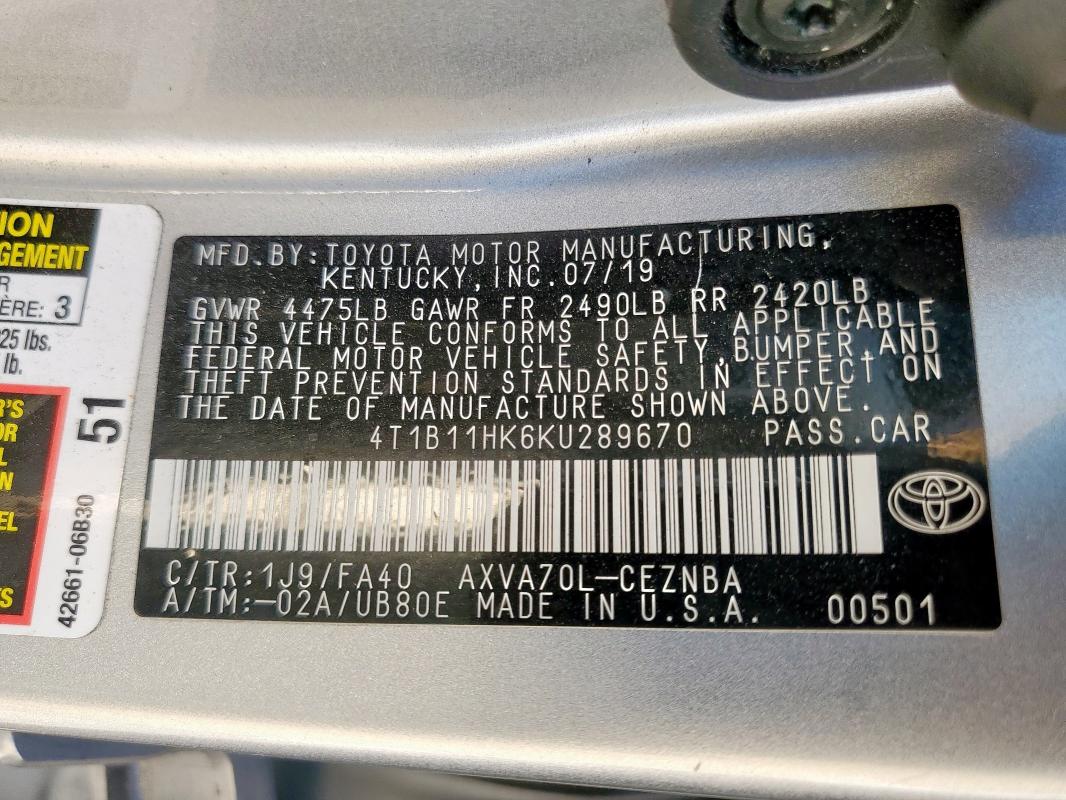 4T1B11HK6KU289670 - 2019 TOYOTA CAMRY L Gümüş foto 12