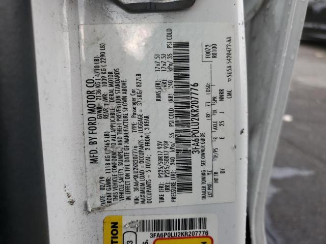 3FA6P0LU2KR207776 - 2019 FORD FUSION SE WHITE photo 12