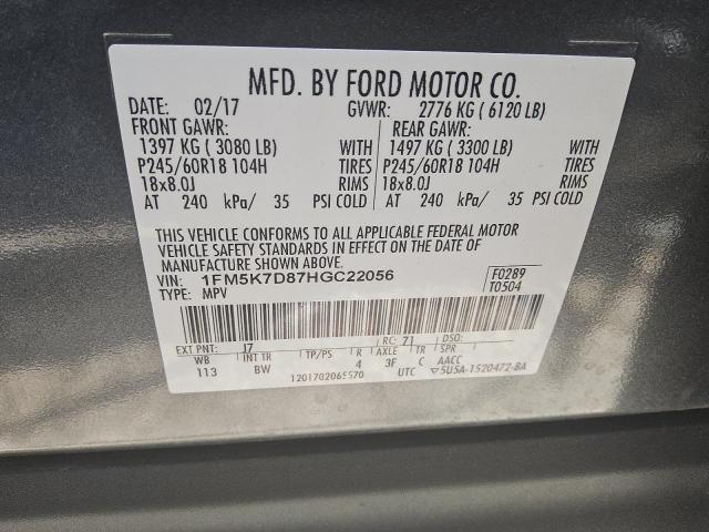 1FM5K7D87HGC22056 - 2017 FORD EXPLORER XLT Szary zdjęcie 13