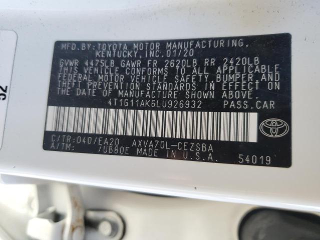 4T1G11AK6LU926932 - 2020 TOYOTA CAMRY SE WHITE photo 12