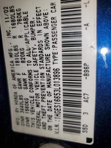 1HGES16653L013896 - 2003 HONDA CIVIC LX BLUE photo 13