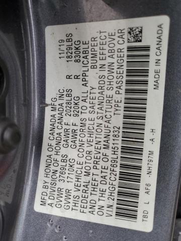 2HGFC2F69LH511832 - 2020 HONDA CIVIC LX CHARCOAL photo 12