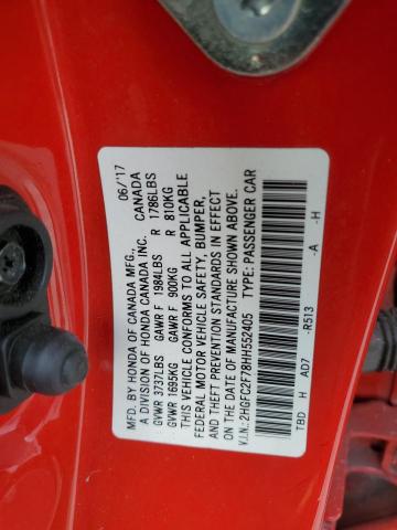 2HGFC2F78HH552405 - 2017 HONDA CIVIC EX RED photo 12