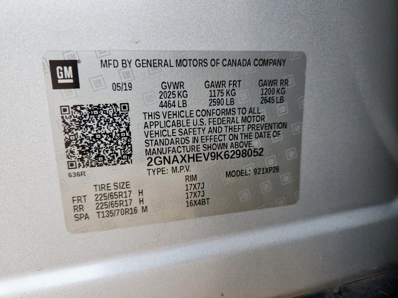2GNAXHEV9K6298052 - 2019 CHEVROLET EQUINOX LS SILVER photo 13