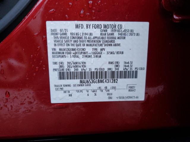 MAJ6S3GL8MC431282 - 2021 FORD ECOSPORT SE RED photo 12