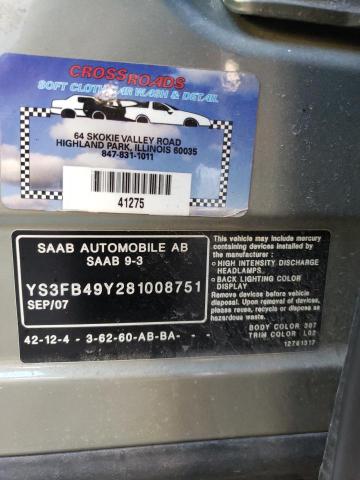 YS3FB49Y281008751 - 2008 SAAB 9-3 2.0T BLACK photo 12