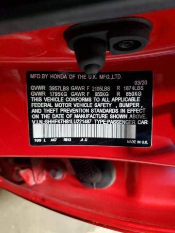 SHHFK7H81LU221487 - 2020 HONDA CIVIC EXL RED photo 12