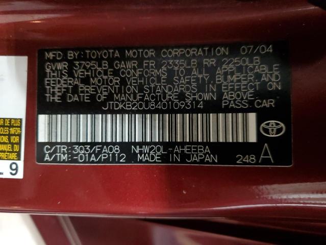 JTDKB20U840109314 - 2004 TOYOTA PRIUS MAROON photo 12