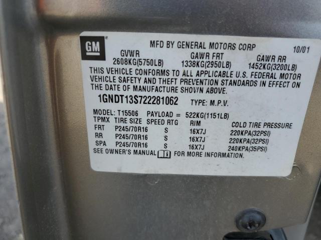 1GNDT13S722281062 - 2002 CHEVROLET TRAILBLAZE SILVER photo 12