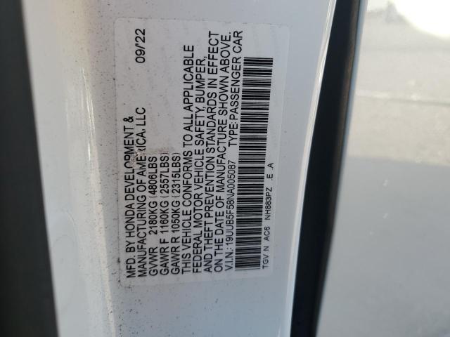 19UUB5F58NA005087 - 2022 ACURA TLX TECH A WHITE photo 12