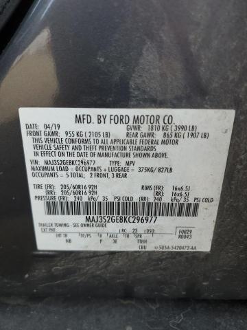 MAJ3S2GE8KC296977 - 2019 FORD ECOSPORT SE GRAY photo 12