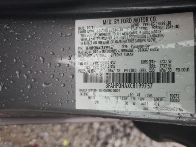 3FAHP0HAXCR199757 - 2012 FORD FUSION SE GRAY photo 12