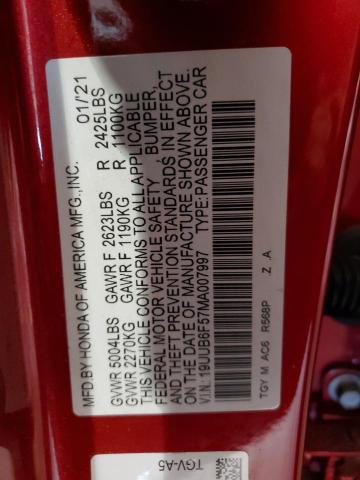 19UUB6F57MA007997 - 2021 ACURA TLX TECH A RED photo 13