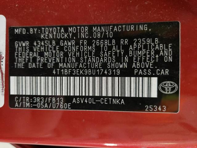 4T1BF3EK9BU174319 - 2011 TOYOTA CAMRY BASE RED photo 12